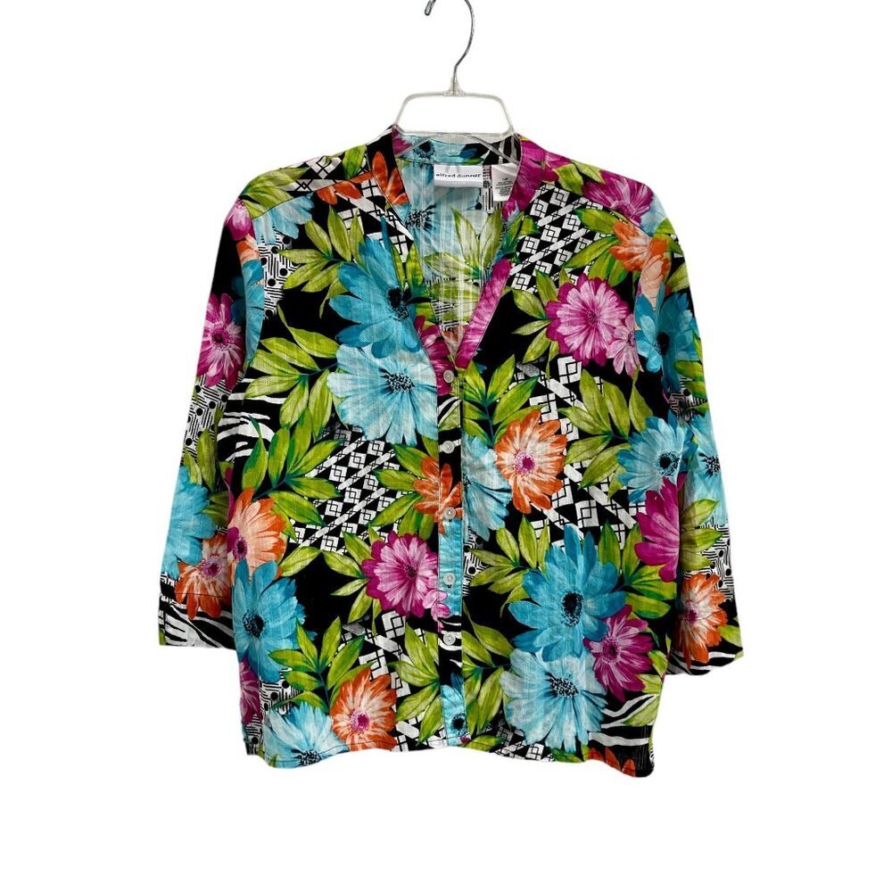 Alfred Dunner Women's Bright Floral Print 3/4 Sleeve Button Down Blouse Size 14P - Picture 1 of 16